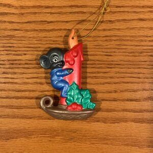 VINTAGE HANDMADE CERAMIC CHRISTMAS ORNAMENT, MOUSE ON A CANDLE